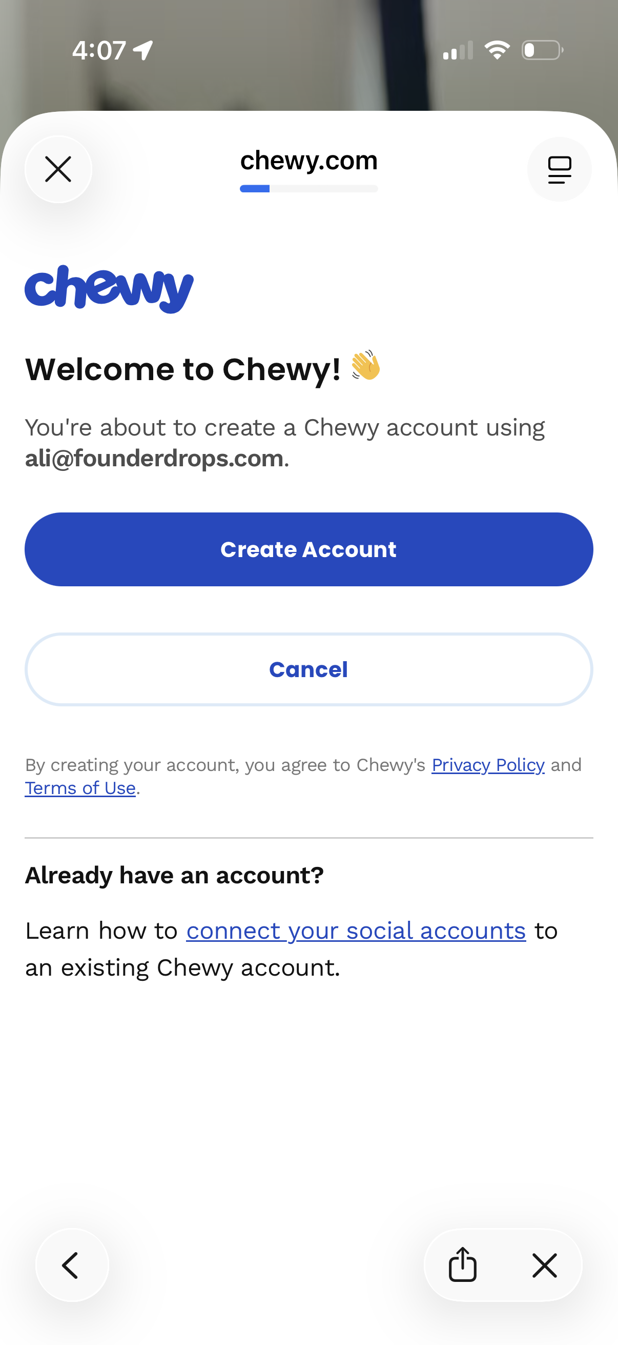 chewy signup screenshot